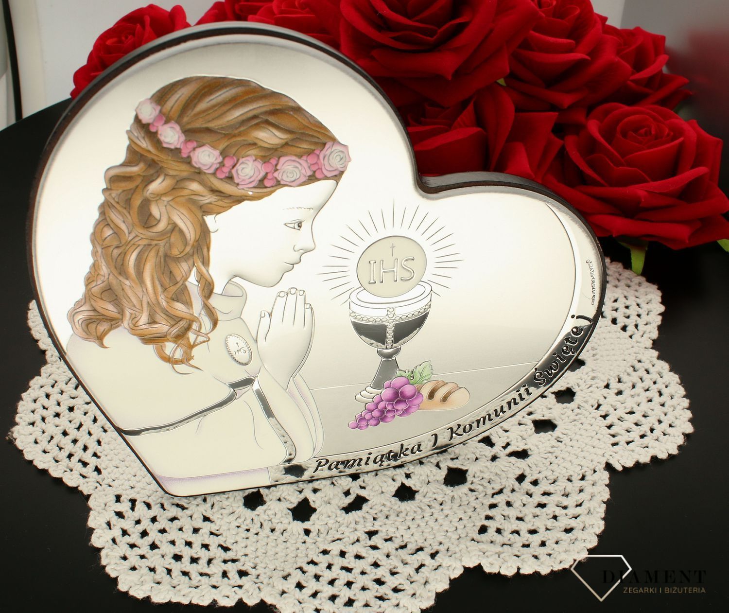 Obrazek srebrny Pierwsza Komunia Święta dla dziewczynki duży kolorowy 6800.3A COL. Pamiątka I komunii świętej. Prezent na komunię dla dziewczynki. Srebrny obrazek z grawerem..jpg